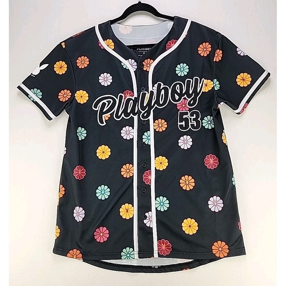 Playboy Baseball Shirt/Jersey Men's Size Medium Floral Print Black 53 Button Up‎
